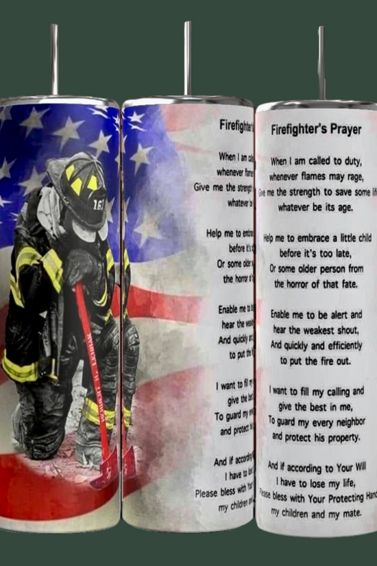 Kreative Kreationz offers the Firefighter Prayer 20oz tumbler with a durable design featuring an American flag. One design shows a kneeling firefighter, and the others contain the 