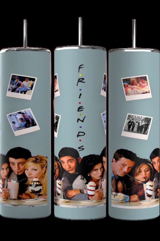 Three cylindrical Teal Friends TV Show 20oz Tumblers by Kreative Kreationz feature images from the TV show 