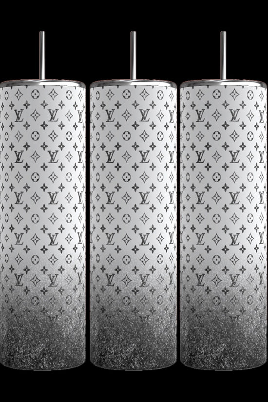 Three LV 20oz Tumblers by Kreative Kreationz, each with a sleek black background and featuring a white and gradient red design with metallic straws. These cylindrical tumblers are adorned with Louis Vittin's iconic overlapping symbols and initials, showcasing durable construction while offering a 20 oz capacity.