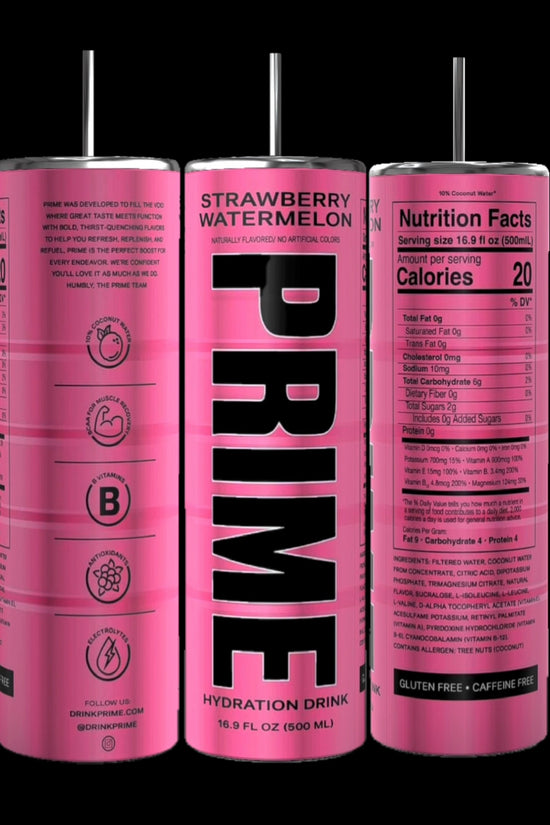 Three cans of Prime Hydration Drink in Meta Moon flavor are displayed. The cans are silver with black and white text. The front can shows the Prime logo, the left can displays nutrition facts, and the right can lists product features and bar code. Perfect for filling your PRIME 20 ounce tumbler from Kreative Kreationz!