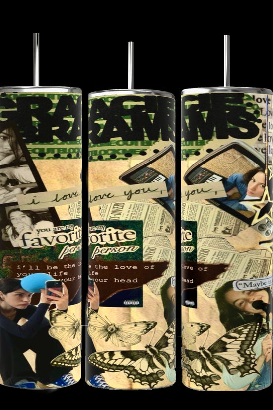 Three cylindrical objects, possibly Gracie Abrams 20oz Skinny Tumblers from Kreative Kreationz, are adorned in a collage of images and text. The design features butterflies, a couple reading, and phrases such as 