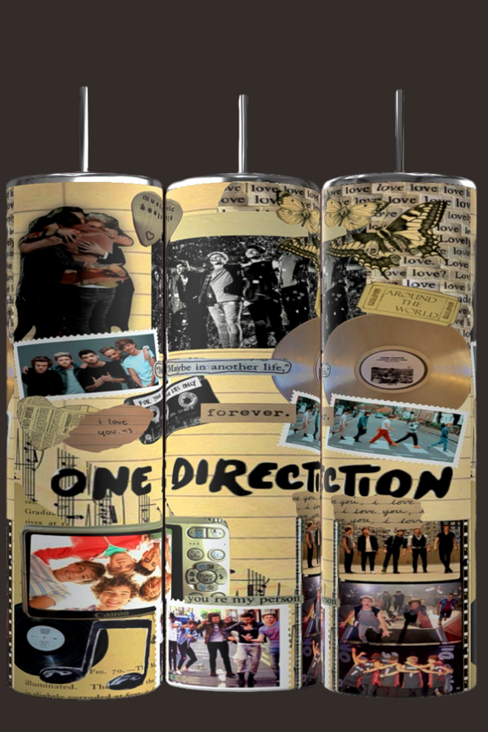 Introducing the One Direction Aesthetic Collage 20oz Stainless Steel Tumbler by Kreative Kreationz: a set of three sleek tumblers featuring durable construction and adorned with One Direction memorabilia—photos, album covers, and gold records. The design includes decorative text like 