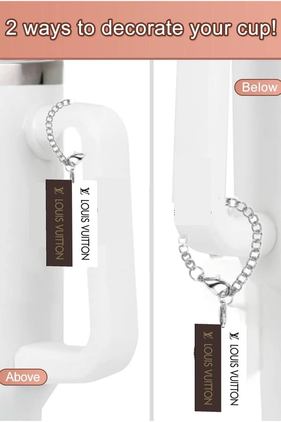 The LV Rectangle Charm Dangle from Kreative Kreationz is shown attached above and below the handle of a white cup, displaying two decoration options. Text: 