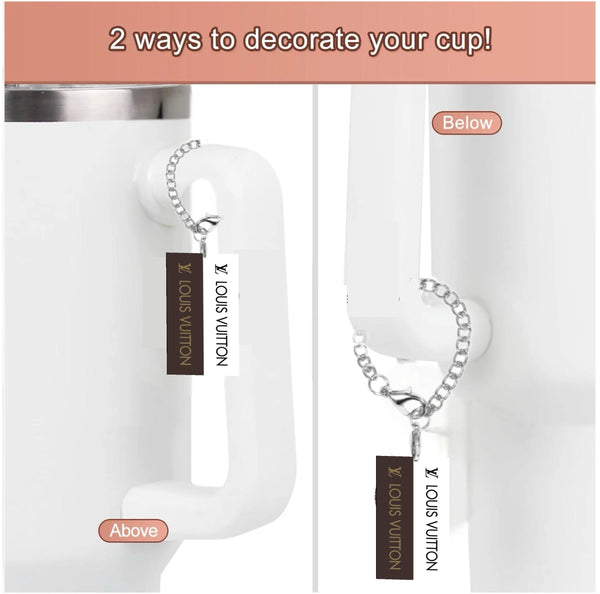 The LV Rectangle Charm Dangle from Kreative Kreationz is shown attached above and below the handle of a white cup, displaying two decoration options. Text: "2 ways to decorate your cup!.