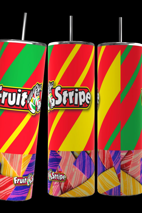 Three vibrant Fruit Stripe Gum 20oz Stainless Steel Tumblers by Kreative Kreationz, each adorned with red, yellow, and green diagonal stripes. The center tumbler prominently features a logo with 