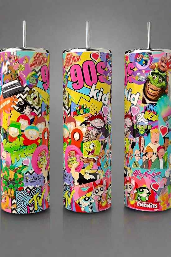 The Kreative Kreationz I Love The 90’s 20oz Tumbler features colorful retro artwork—cartoon characters, “90s kid” phrases, MTV logos, and hearts—popping against a neutral gray background for ultimate nostalgic flair.