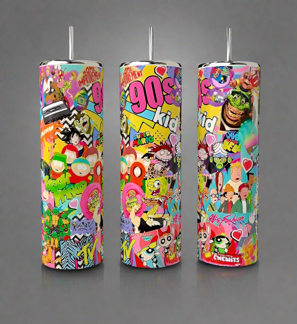 The Kreative Kreationz I Love The 90’s 20oz Tumbler features colorful retro artwork—cartoon characters, “90s kid” phrases, MTV logos, and hearts—popping against a neutral gray background for ultimate nostalgic flair.