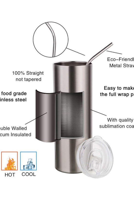 A picture of the Chanel Silver Stainless Steel 20oz Tumbler by Kreative Kreationz, showcasing its eco-friendly metal straw and spill-proof clear lid. The tumbler is crafted from 304 food grade stainless steel and features double-walled vacuum insulation, sublimation coating, and graphics highlighting its hot and cold insulation capabilities for optimal use.
