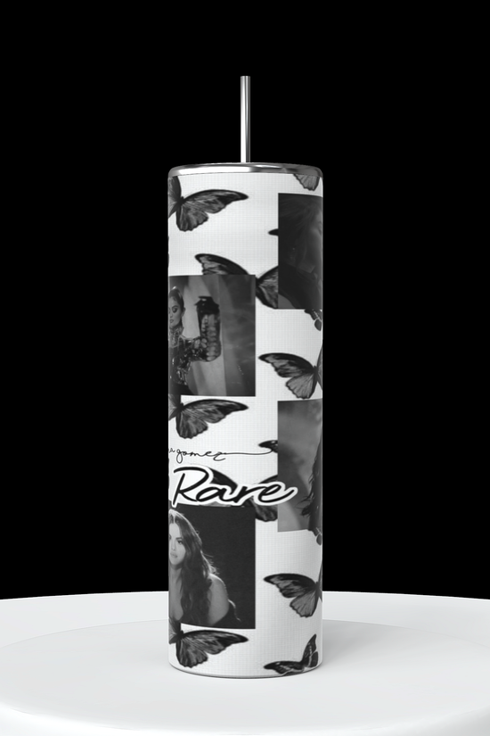 Three Selena Gomez Butterflies 20oz Stainless Steel Tumblers by Kreative Kreationz are shown with black and white designs featuring Selena Gomez in various poses, along with butterflies and the text “Rare.” The background is predominantly white, adorned with images of the same woman intermixed with butterfly illustrations.