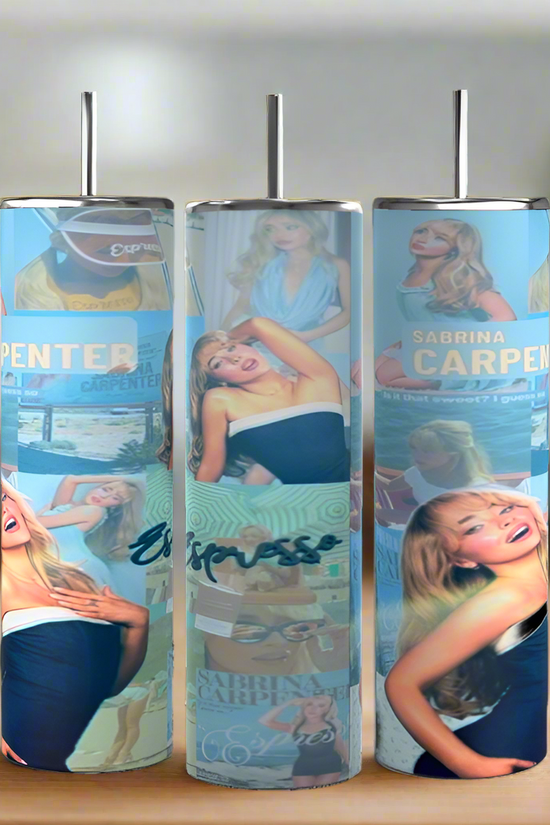 On a wooden surface are three tall, luxurious Sabrina Carpenter Expresso Tumblers by Kreative Kreationz, each with straws. Decorated with stylish images of a smiling Sabrina Carpenter and featuring 