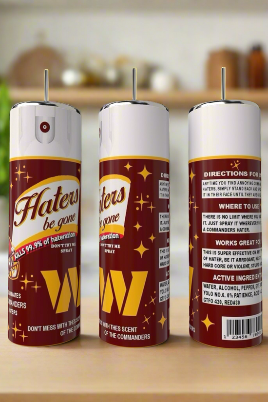 Three Washington Commanders Haters 20oz Tumblers by Kreative Kreationz are displayed on a kitchen counter, featuring playful text and sparkling graphics in a luxury-inspired design, with directions and ingredients on the back of one tumbler.