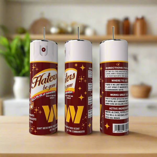 Three Washington Commanders Haters 20oz Tumblers by Kreative Kreationz are displayed on a kitchen counter, featuring playful text and sparkling graphics in a luxury-inspired design, with directions and ingredients on the back of one tumbler.