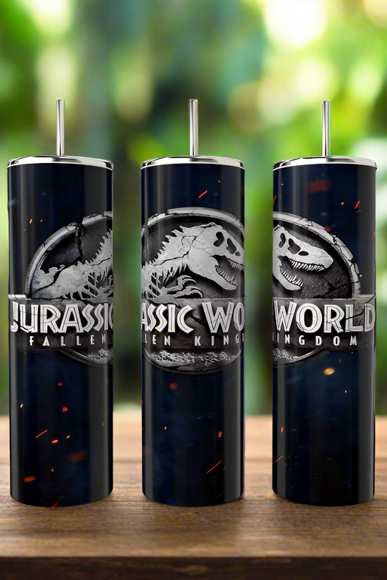 Three dark, glossy Kreative Kreationz 20oz tumblers with silver lids and straws feature the 