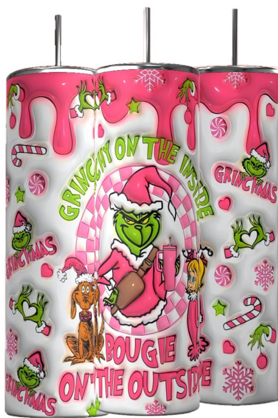 The Bougie Grinch Christmas 20oz Tumbler by Kreative Kreationz showcases festive designs of the Grinch, hearts, candy canes, and snowflakes. Featuring 