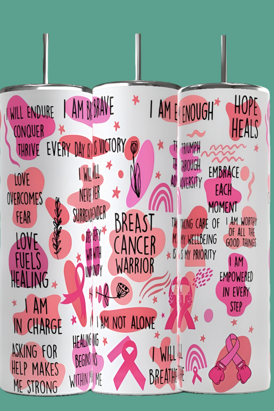 The Kreative Kreationz Breast Cancer Survivor 20oz Skinny Tumblers feature motivational phrases, 