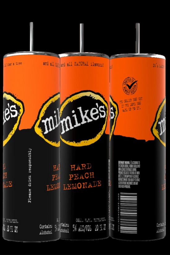 Three Kreative Kreationz Mike’s Hard Lemonade 20oz Tumblers with black straws, showcasing a vibrant photographic design, product logo, and detailed labeling.