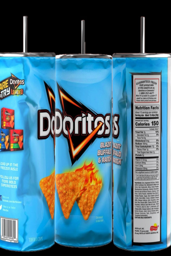 A Doritos Collection stainless steel skinny tumbler, with a sleek 20 oz capacity, sits against a backdrop of Doritos juice pouch costumes that mimic the iconic chip bags of popular flavors: Nacho Cheese and Cool Ranch. The text 