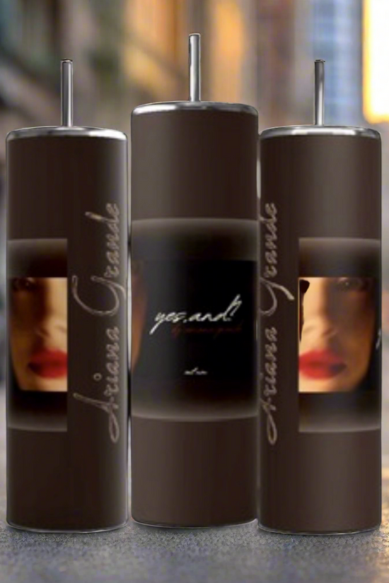 Three brown Ariana Grande External Sunshine 20-ounce skinny tumblers from Kreative Kreationz, complete with reusable metal straws, are displayed on a black background. Each tumbler features a partial image of a face with red lipstick and the text 