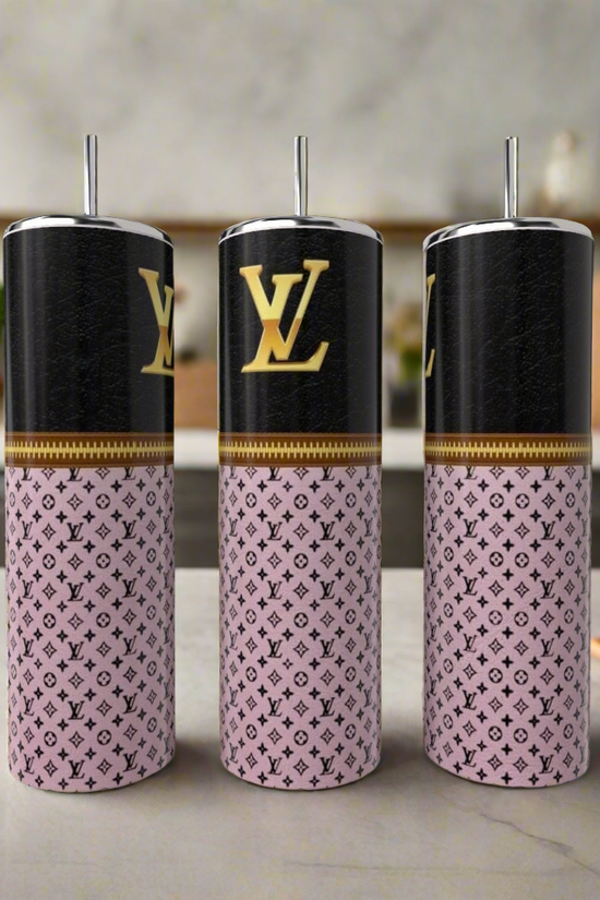 Three Kreative Kreationz LV Zipper 20oz Tumblers with metal straws, each showcasing a chic black and pink Louis Vuitton-inspired pattern with LV logo, sit on a counter against a blurred kitchen background.