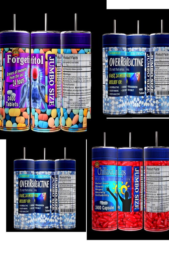 Colorful medication bottles with humorous labels like 