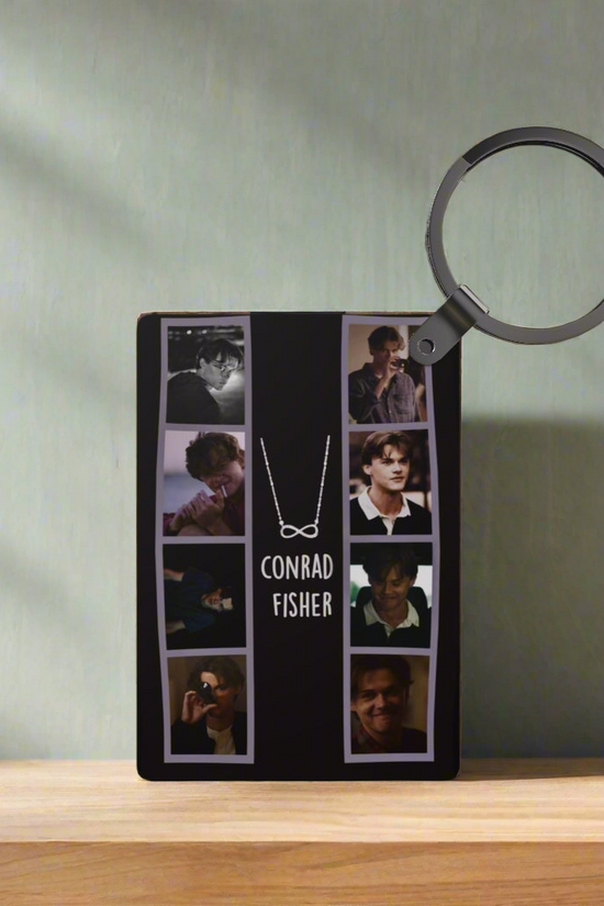 A display plaque with multiple photos of a young man named Conrad Fisher, a necklace graphic, and the 