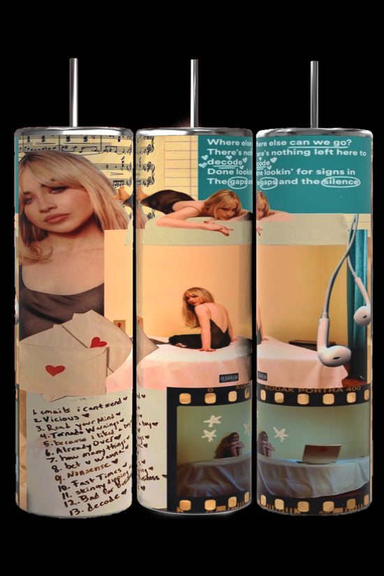 Three cylindrical objects from the Kreative Kreationz brand are displayed, each wrapped with a collage of photos and hand-written notes. The images include a woman with blonde hair, a bed, letters, and earphones. The 20 oz capacity Emails I Can’t Send SC Tumbler keeps beverages hot or cold. The background is decorated with filmstrip edges and text snippets.