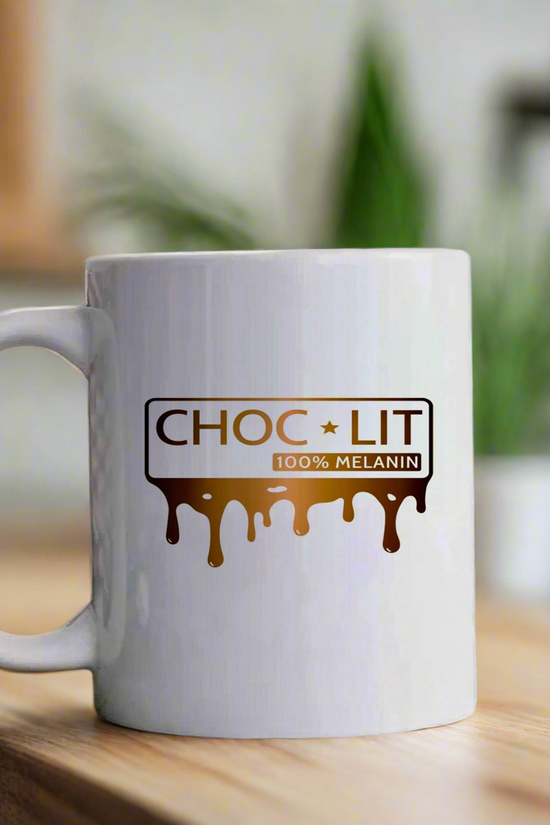 The Choc-Lit Mug by Kreative Kreationz, a white ceramic coffee mug with 