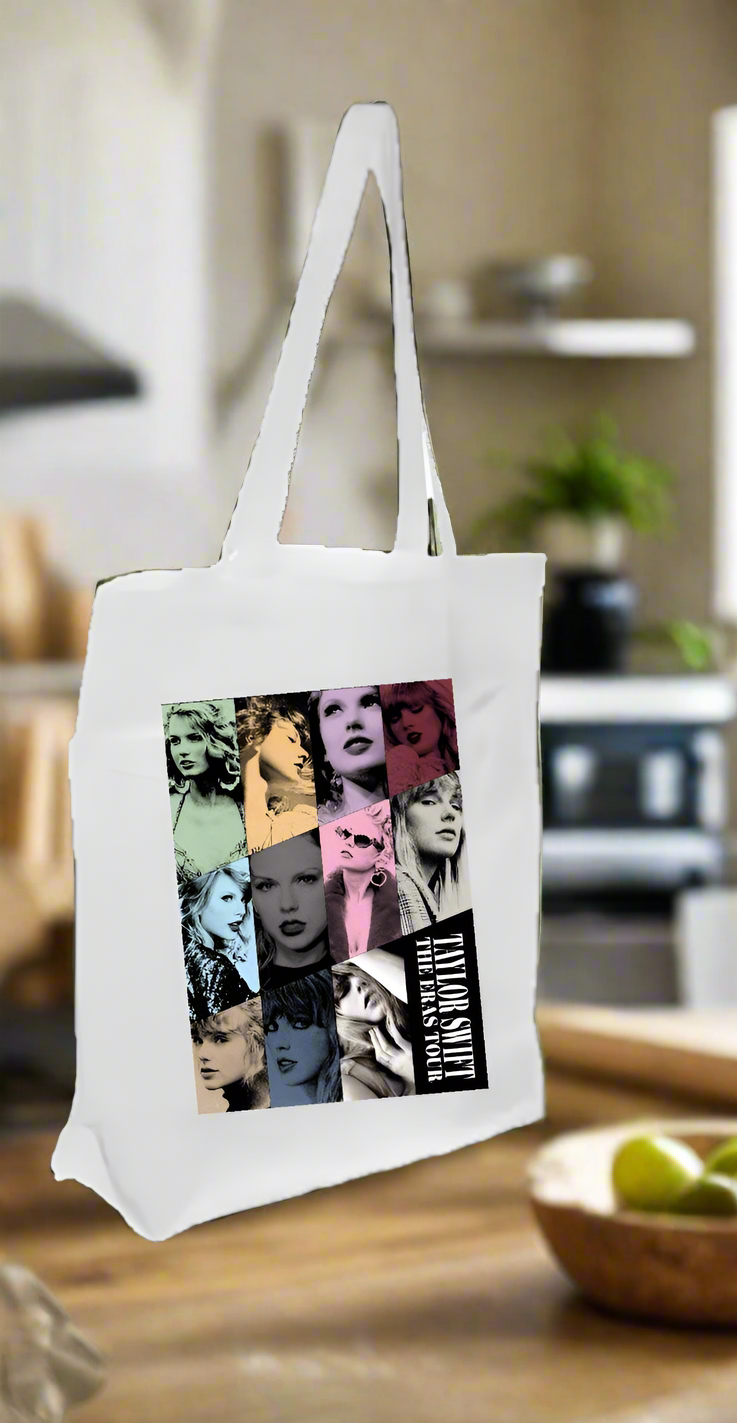 In the kitchen, the Eras Tote Bag by Kreative Kreationz stands out with its pop art collage of a woman. This white canvas bag is ideal for Swifties and pairs perfectly with limes on the countertop and lush plants.