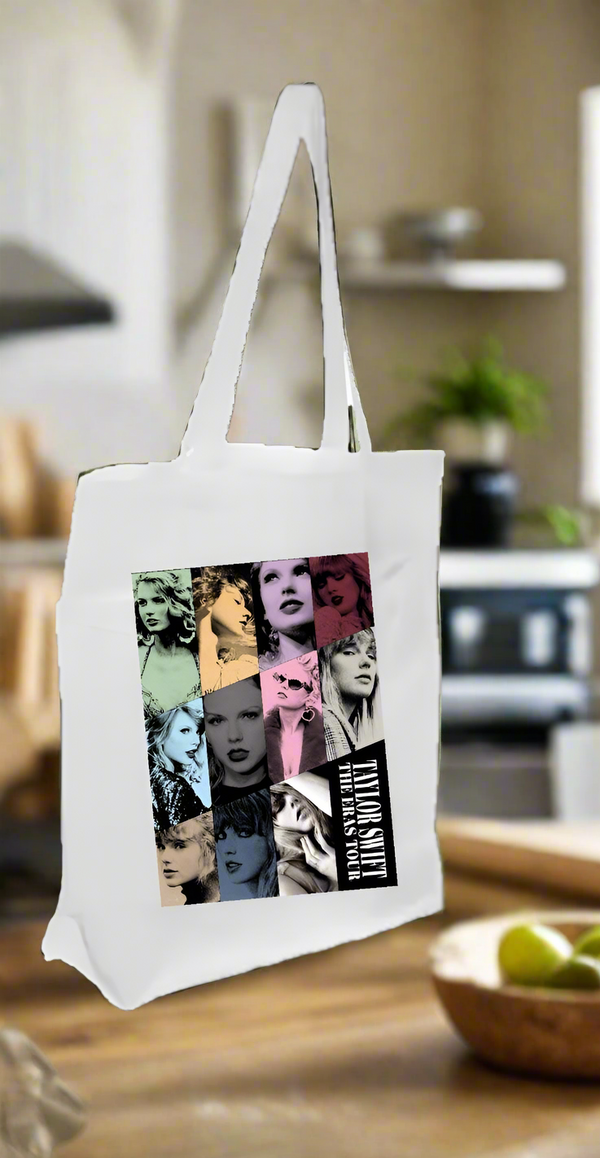 In the kitchen, the Eras Tote Bag by Kreative Kreationz stands out with its pop art collage of a woman. This white canvas bag is ideal for Swifties and pairs perfectly with limes on the countertop and lush plants.