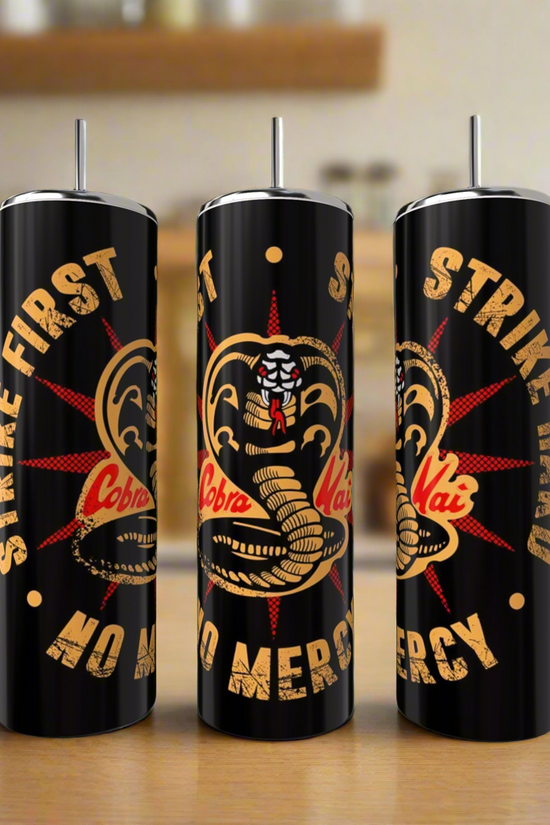 The Kreative Kreationz Kobra Kai 20oz Stainless Steel Tumblers come in a set of three black, eco-friendly cups with metal straws, featuring a bold cobra logo and 