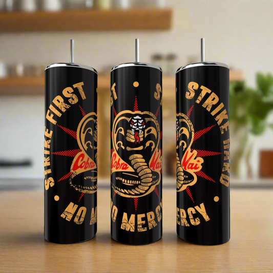 The Kreative Kreationz Kobra Kai 20oz Stainless Steel Tumblers come in a set of three black, eco-friendly cups with metal straws, featuring a bold cobra logo and "Strike First, Strike Hard, No Mercy" in yellow. Luxury-inspired for standout kitchen style.