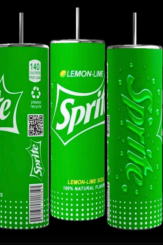 Three tall, slim green cans of Sprite are displayed against a black background. Each can features the Sprite logo, a lemon-lime design, and information such as 140 calories per can, 