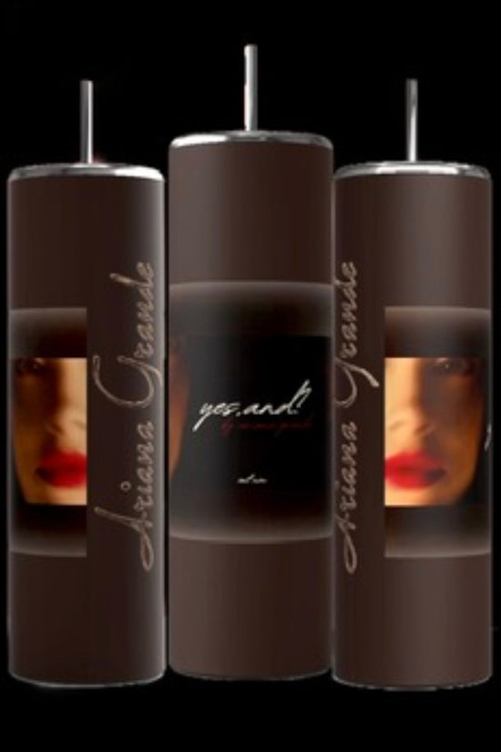Three brown Ariana Grande External Sunshine 20-ounce skinny tumblers from Kreative Kreationz, complete with reusable metal straws, are displayed on a black background. Each tumbler features a partial image of a face with red lipstick and the text 