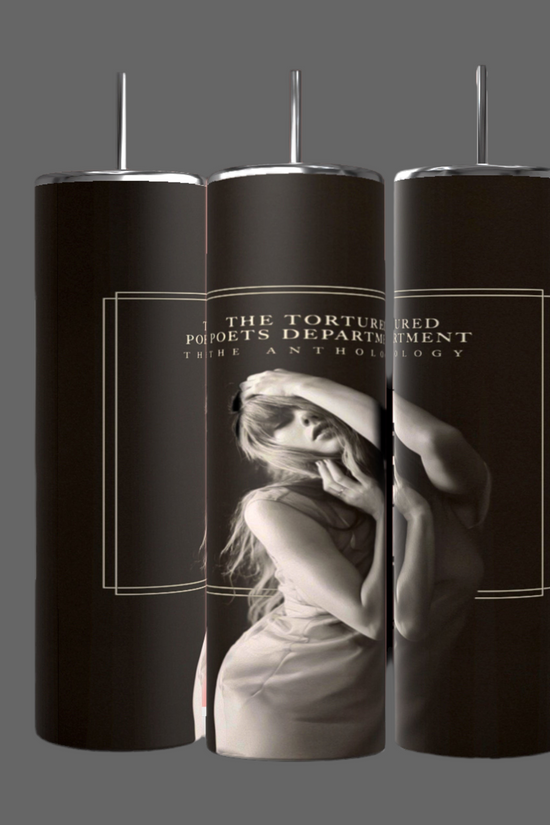 Three tall cylindrical tumblers from Kreative Kreationz, featuring black backgrounds. The center tumbler displays an image of a woman with long hair, holding her hands to her face, with the text above reading 