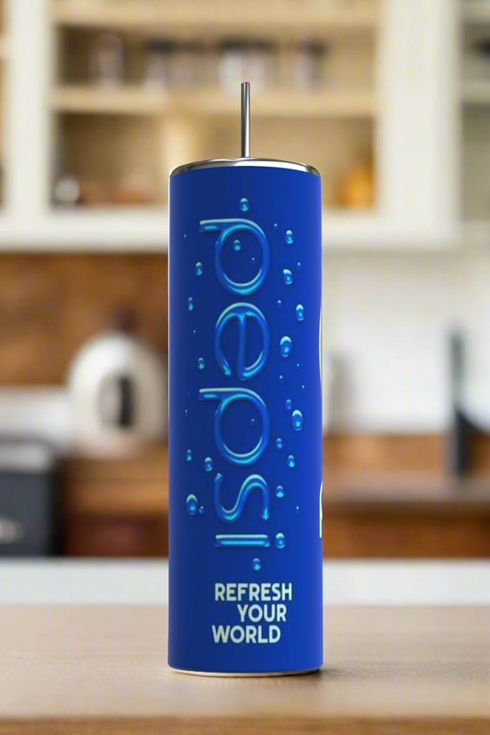 Three blue Pepsi-styled tumblers are displayed. The front tumbler features the iconic Pepsi logo with a red, white, and blue design. The left tumbler displays 