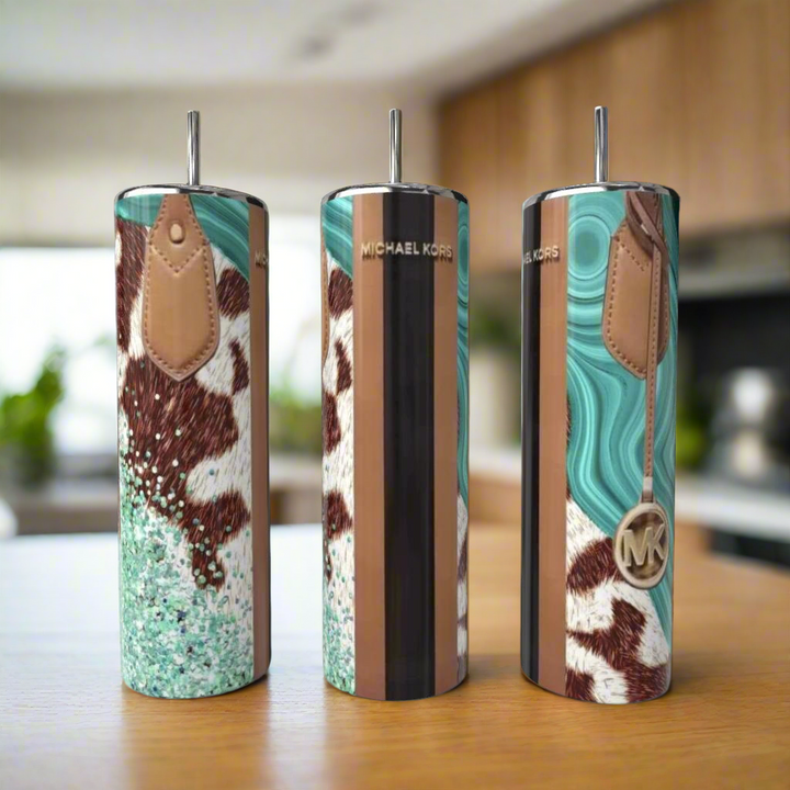 The Kreative Kreationz MK Hide 20oz Tumblers come in three stylish designs—teal, brown, and white with abstract glitter and cowhide patterns—perfect for adding a modern, luxurious touch to your kitchen.
