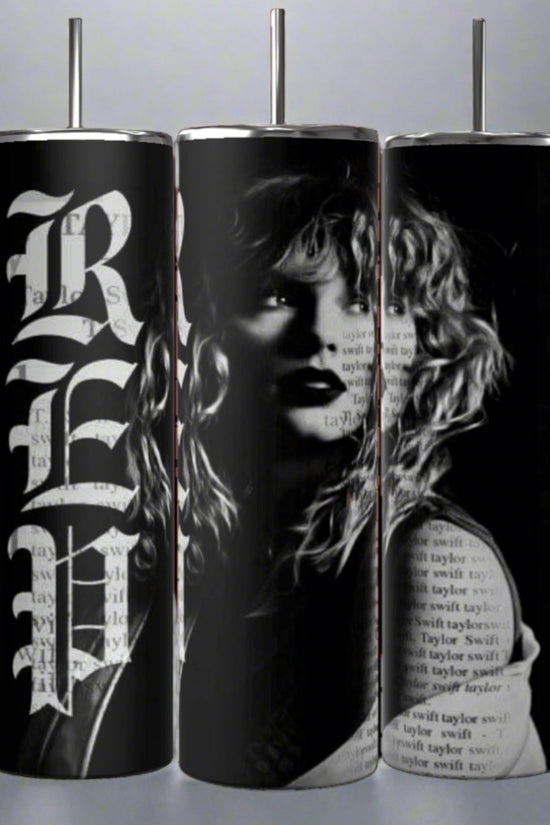 Displayed are three black REP 20oz Skinny Tumblers by Kreative Kreationz, each with a silver lid. The central tumbler features a curly-haired woman's portrait, while the side tumblers display 