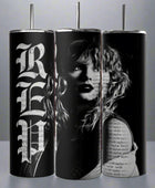 Displayed are three black REP 20oz Skinny Tumblers by Kreative Kreationz, each with a silver lid. The central tumbler features a curly-haired woman's portrait, while the side tumblers display 