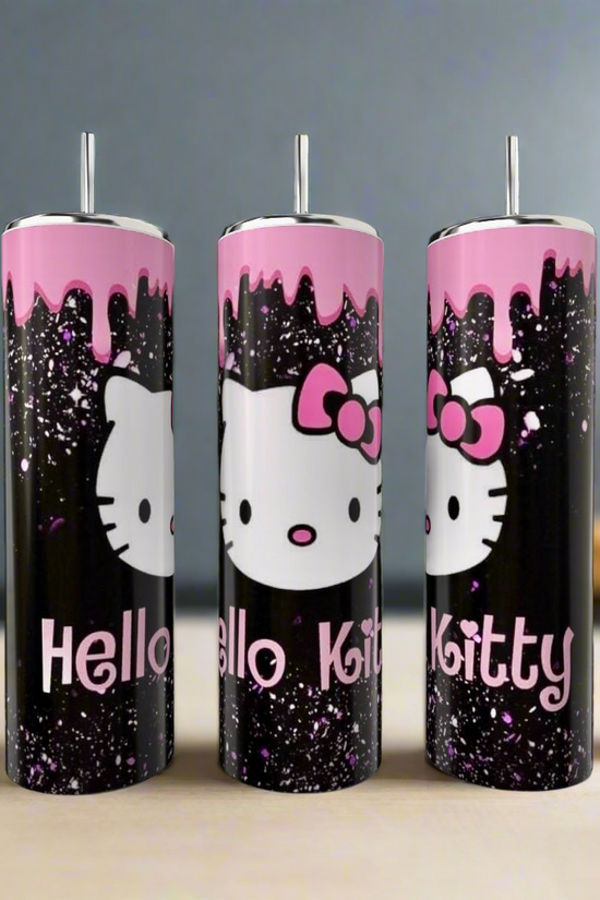The Kreative Kreationz Hello Kitty 20oz Tumblers feature black backgrounds, splattered white and pink paint, pink drips, and Hello Kitty faces with pink bows. “Hello Kitty” decorates the eco-friendly stainless steel tumblers for a cute look.