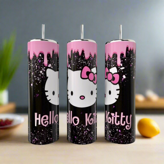 The Kreative Kreationz Hello Kitty 20oz Tumblers feature black backgrounds, splattered white and pink paint, pink drips, and Hello Kitty faces with pink bows. “Hello Kitty” decorates the eco-friendly stainless steel tumblers for a cute look.