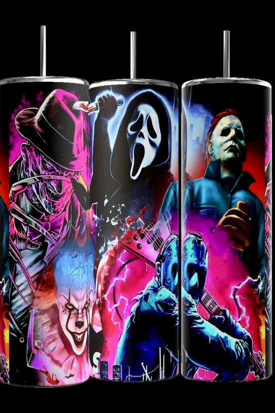 Kreative Kreationz's Horror Stars 20oz Tumblers feature vibrant neon depictions of iconic horror villains like Freddy Krueger, Ghostface, Pennywise, Jason Voorhees, and Michael Myers. These tumblers bring your favorite slashers to life against a dark backdrop with striking electric effects.