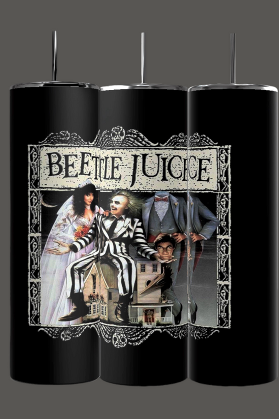The Kreative Kreationz Beetlejuice 20oz Tumblers feature a collage of movie imagery, characters in various poses, and the title. This Halloween drinkware highlights a striped-suit figure and film elements on a dark background, with each tumbler holding up to 20 oz of your favorite beverages.