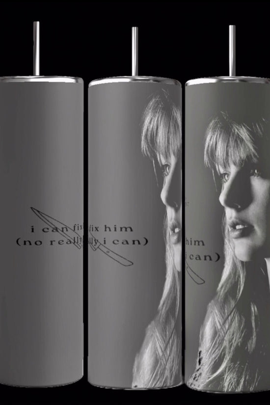 Three TTPD Lyrics 20oz Tumblers by Kreative Kreationz are displayed side by side, each featuring an image of a pensive woman. Overlaying the image, the text reads 