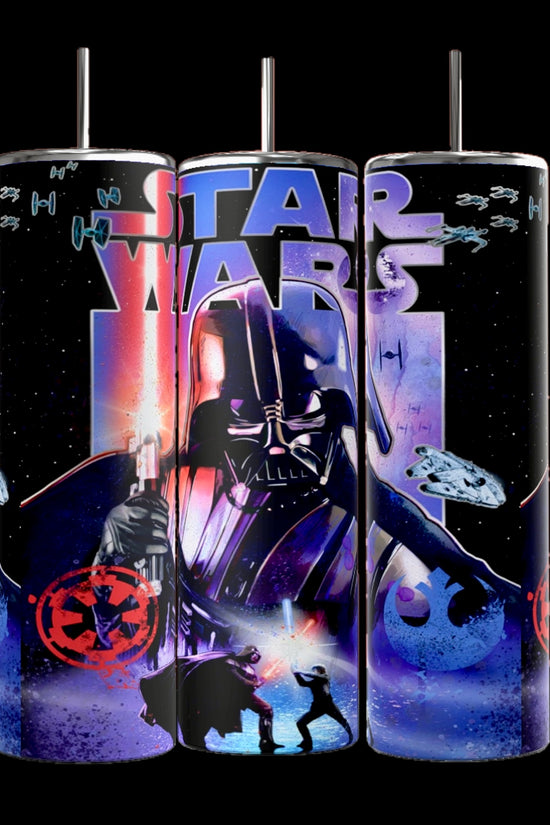 Kreative Kreationz's Star Wars 20oz Tumblers feature a luxury-inspired design with Darth Vader, lightsabers, starships, and the iconic Star Wars logo in vibrant blue and red hues. Crafted from high-quality stainless steel, these tumblers are both colorful and durable.