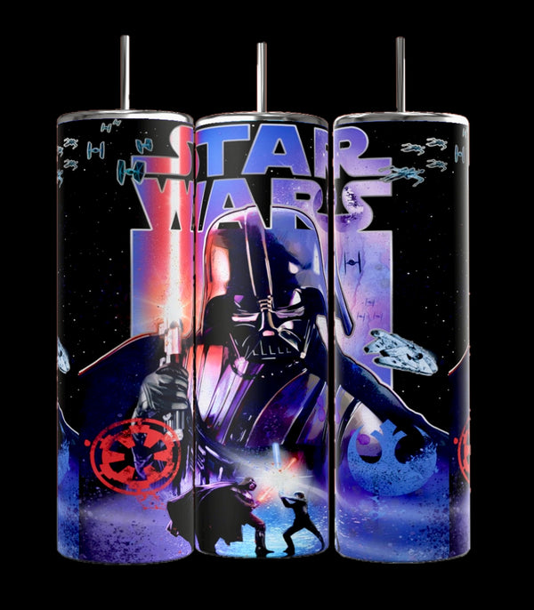 Kreative Kreationz's Star Wars 20oz Tumblers feature a luxury-inspired design with Darth Vader, lightsabers, starships, and the iconic Star Wars logo in vibrant blue and red hues. Crafted from high-quality stainless steel, these tumblers are both colorful and durable.