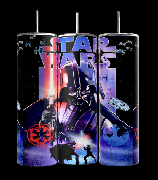 Kreative Kreationz's Star Wars 20oz Tumblers feature a luxury-inspired design with Darth Vader, lightsabers, starships, and the iconic Star Wars logo in vibrant blue and red hues. Crafted from high-quality stainless steel, these tumblers are both colorful and durable.