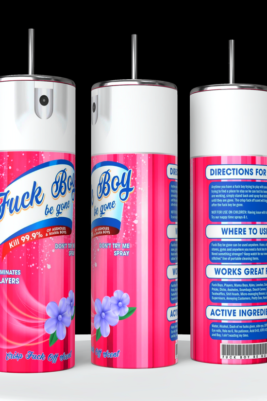 Three pink spray cans labeled 