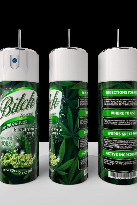 Three green spray cans with cannabis leaf designs are displayed next to a Kreative Kreationz Hater Be Gone 20oz Tumbler. The label says 