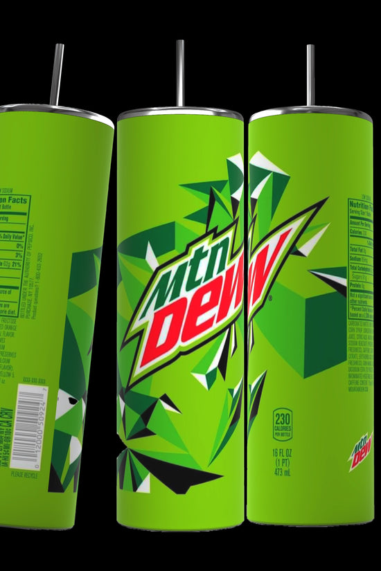 Three cylindrical green soda cans of Mountain Dew are arranged side by side. The cans feature bold white and red Mountain Dew logos and geometric designs. Nutritional information and branding details are visible. Each can is 20 fluid ounces (591 milliliters), perfect to fit in your Kreative Kreationz Mountain Dew Soda 20oz Skinny Tumbler for on-the-go refreshment.