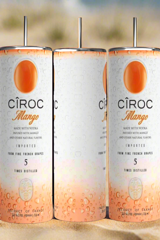 Two cans of Kreative Kreationz Ciroc 20oz Tumbler with 3D Lid Topper are shown on a wooden surface, reminiscent of travel tumblers. The left can is Red Berry flavor, topped with ice and a cherry. The right can is Vodka Snap Frost flavor, topped with ice and a lemon slice. Both cans feature product information and branding.